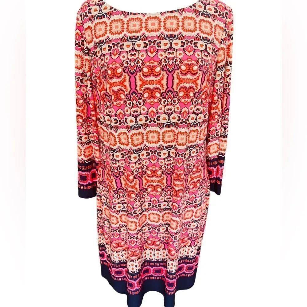 Vince Camuto print lined shift style dress w/3/4 sleeves, back zip size 12